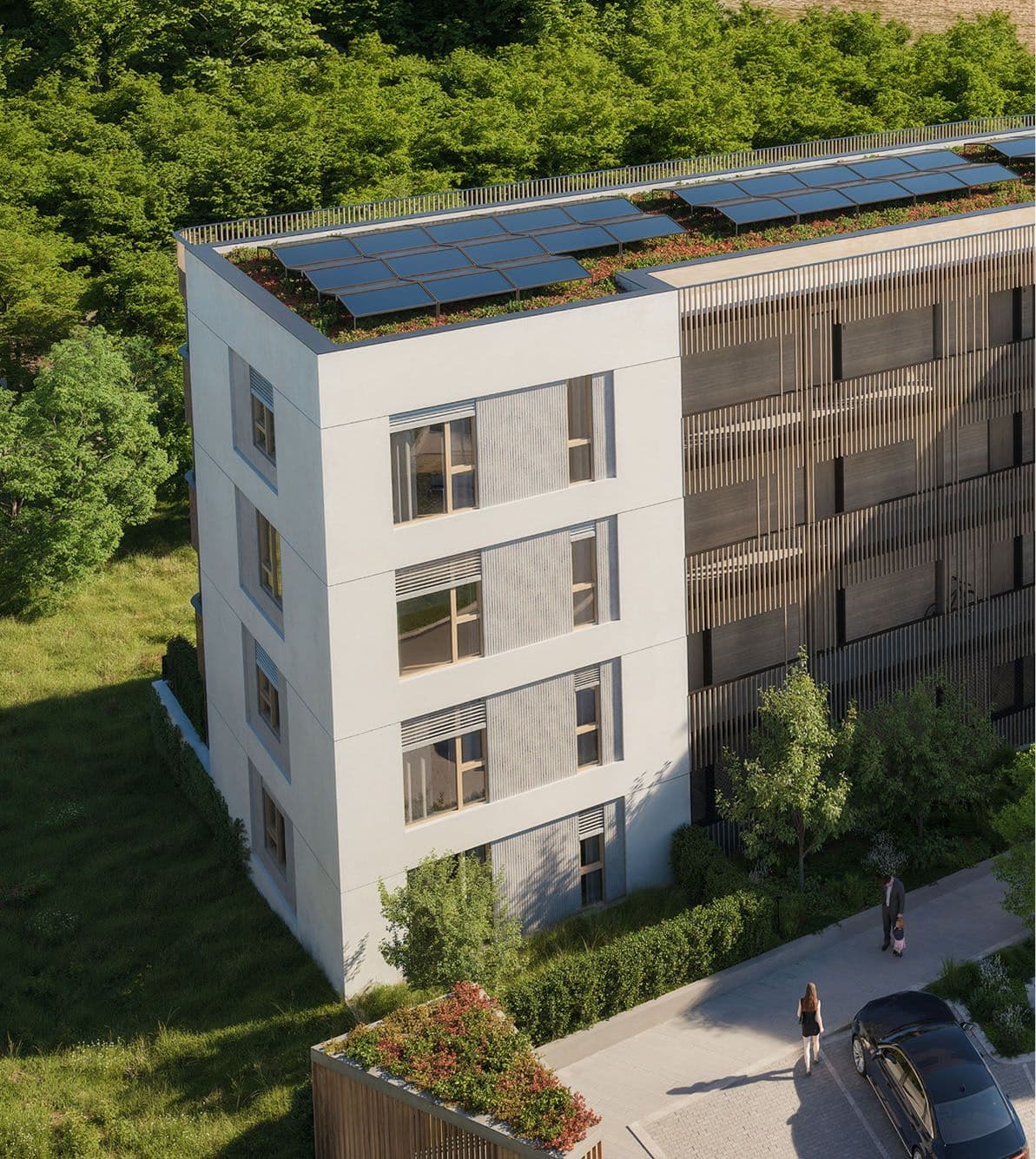 Fotovoltaické panely na vegetační střeše domu